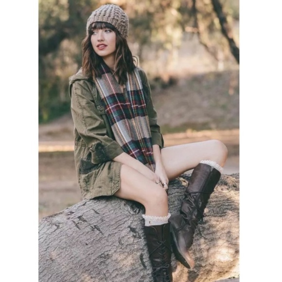 Khaki Plaid Classic Frayed Edge Infinity Scarf - Picture 3 of 4